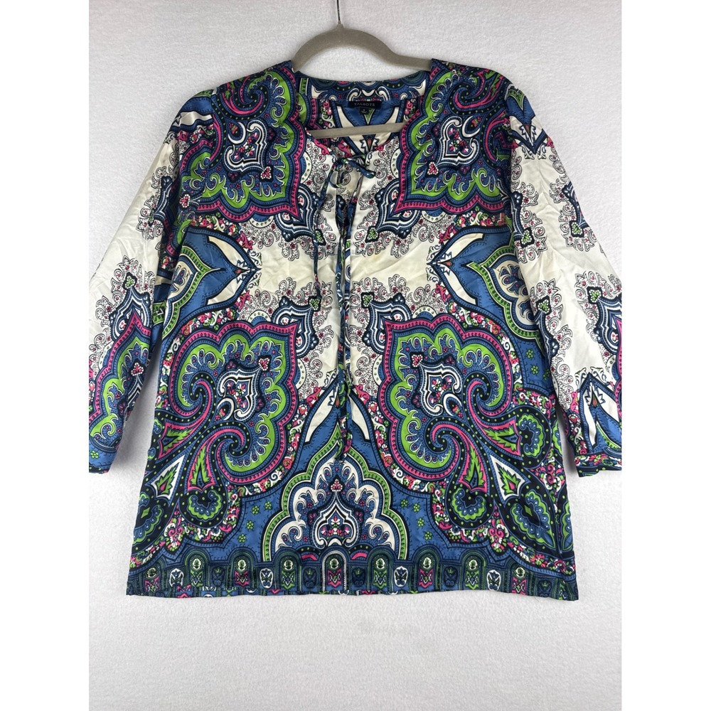 Talbots 100% Silk Paisley Tunic Blouse Blue Green Pink Tie Neck Size 8